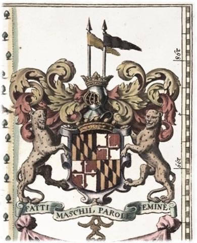 Cecil Calvert's arms on 1671 Maryland map